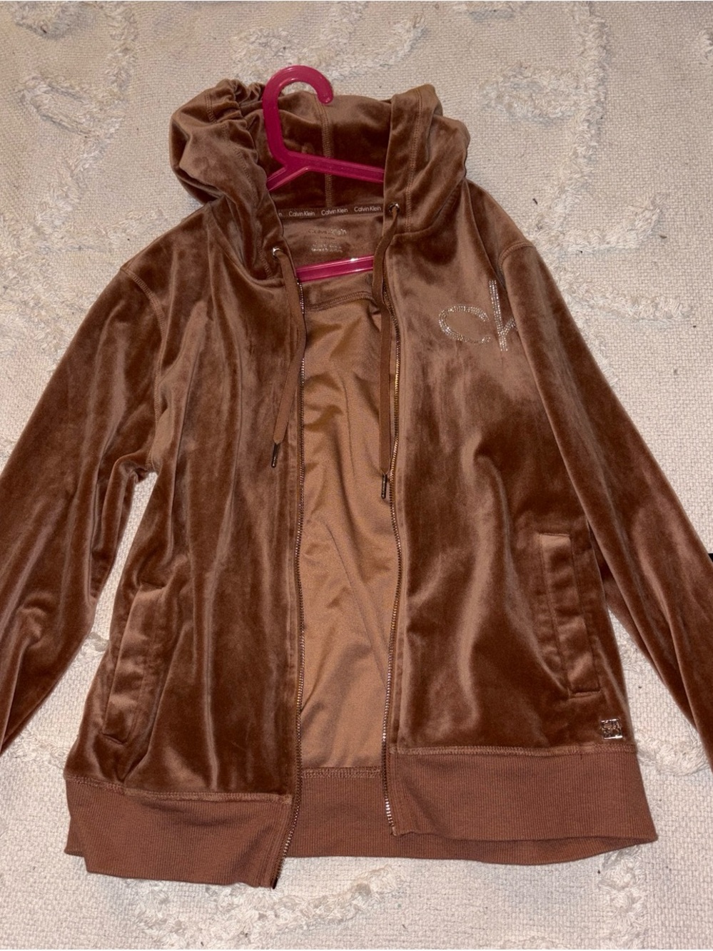 Calvin Klein Chocolate Brown Velour Zip Hoodie Jacket (NO ZIPPER)